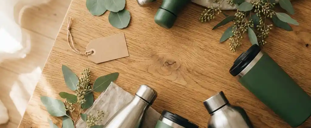 Herbruikbare roestvrijstalen waterflessen en thermokoffiebekers op eiken ondergrond met eucalyptustakjes en linnen stof.