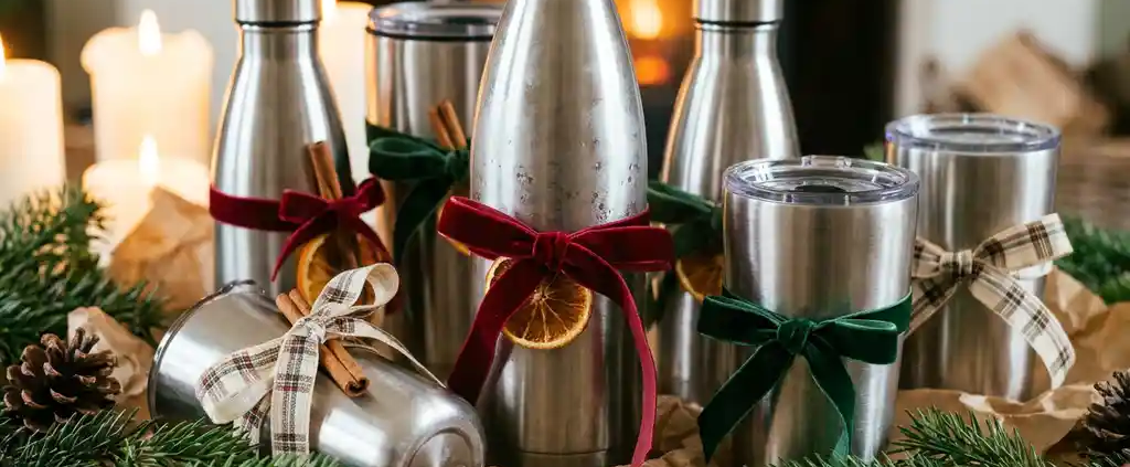 Herbruikbare roestvrijstalen waterflessen en koffiebekers als kerstcadeaus op dennentakken met kraftpapier en gouden kaarslicht.