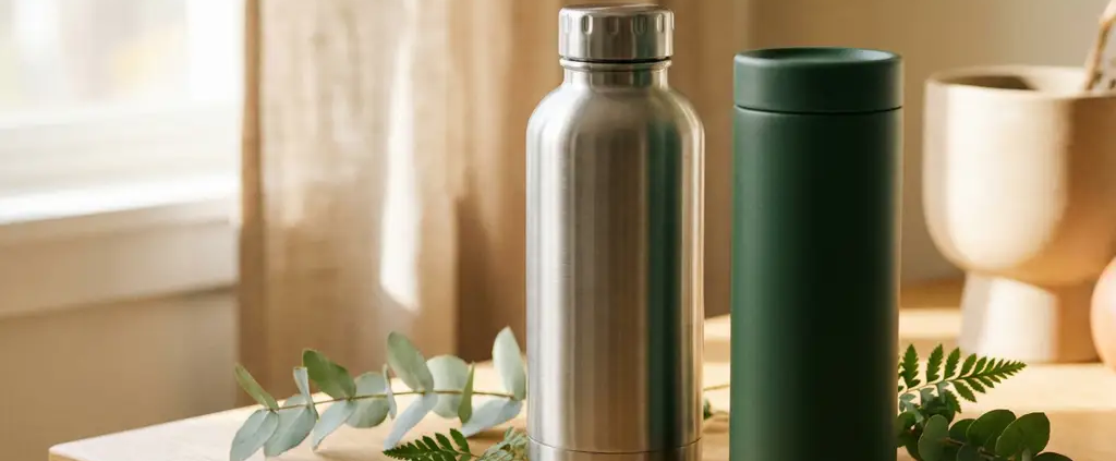 Roestvrijstalen herbruikbare waterfles en matte thermosbeker op licht eiken bureau met groene plantentakjes in warm daglicht.