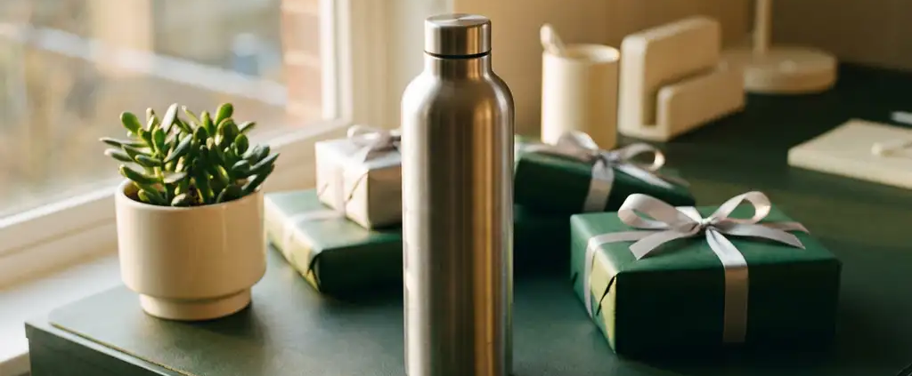 Roestvrij stalen waterfles op modern bureau met ingepakte cadeaus, succulent en warm natuurlijk zijlicht.